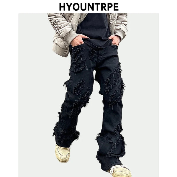 mens distressed ripped destroied tassel denim jean pants new fashion biker jeans streetwear flare pants joggers y2k men s jeans urban active pants