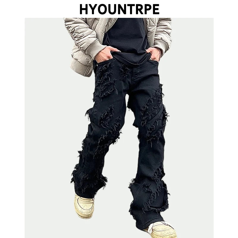 mens distressed ripped destroied tassel denim jean pants new fashion biker jeans streetwear flare pants joggers y2k men s jeans urban active pants