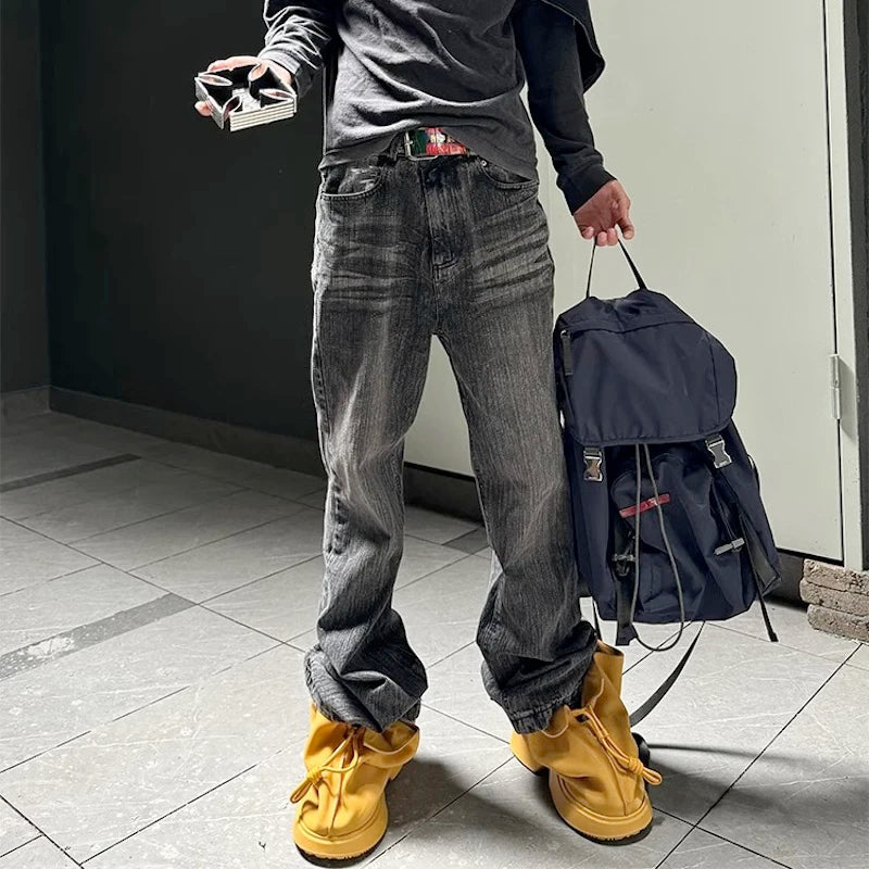 streetwear black washed ripped baggy flare jeans pants for men and women straight ropa hombre loose casual denim trousers vintage washed jeans