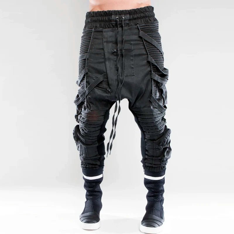 vintage motorcycle trousers joggers mens asymmetric straped pleated cross pants function elastic waist trousers unique joggers style 4594