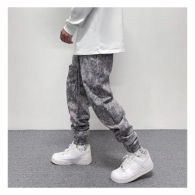 hip hop loose fit elastic waist pants fashion paisy ankle pants mens casual letter embroidery drewstring sportwear pants joggers unique joggers style 3514