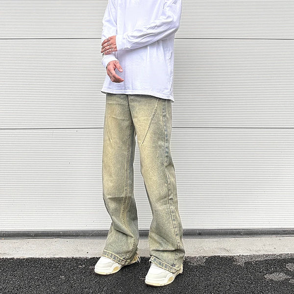 vintage oversized split deconstructed wide jeans for men yellow mud dyed washed distressed wide leg jeans cat whisker denim pant ripped baggy denim