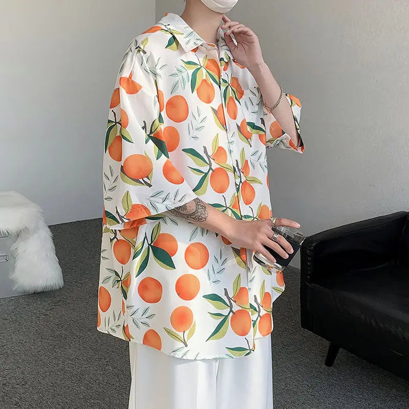 Gothic Streetwear – Orange Cute Fruit Peaches Full Print Shirts Loose Half Sleev – Modern Streetwear for Everyone
