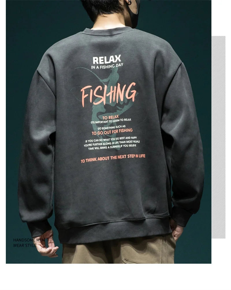 Autumn Funny Fishing Graphic Print Sweatshirts For Men High Street Let
