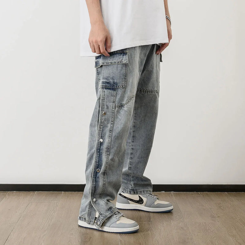 men fashion denim jeans casual bottom button open straight jeans with pockets hip hop streetwear zipper cargo joggers jean pants unique joggers style 2517