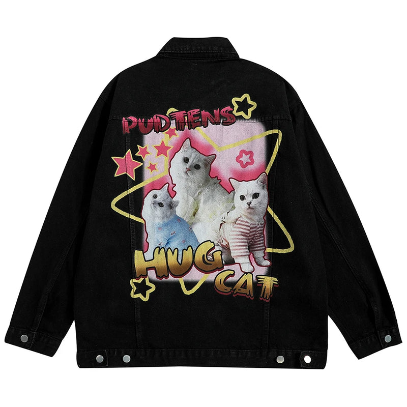 everyday - hip fashion image hop funny-cat-graphic-denim-jacket-men-hip-hop-streetwear-oversized-harajuku-blue-jeans-jackets-y2k style streetwear essential graphic design wear 74305f style premium quality casual oversized unisex fit print high material urban streetwear design ID 1b041
