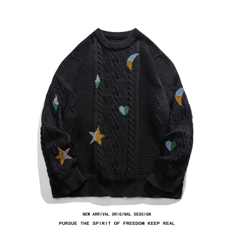 varsity flame pullover for men with bold graphic knit design, perfect for 2025 fashion, street fashion menswear trend for sea