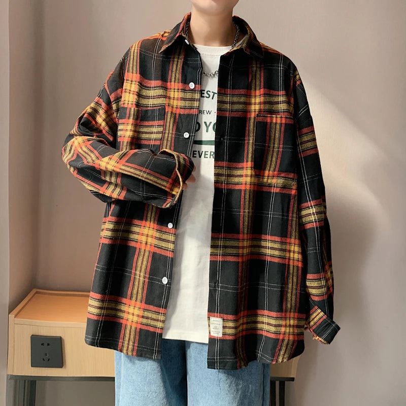 Long Sleeved Shirt Men Fashion Retro Plaid Shirt Men Streetwear Korean Loose Casual
