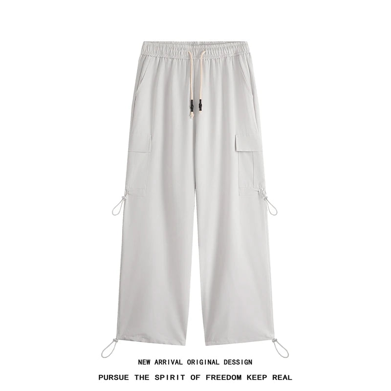 hip hop mens loose fit paratrooper pants drawstring elasticated work pants lightweight quick drying sport climbing trousers menswear bottoms