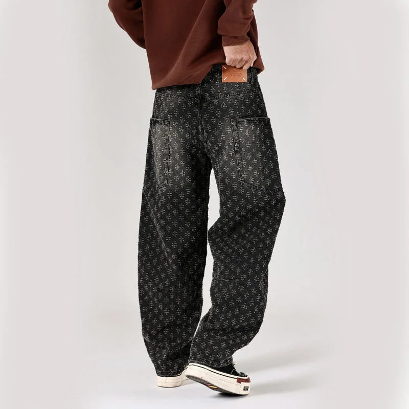 men brand fashion loose casual splice pocket jacquard vintage wide leg baggy jeans cityboy denim baggy jeans pants trousers stacked flare jeans