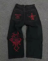 blue jeans for women y2k harajuku hip hop sakura embroidery retro patch heavy baggy jeans high waist wide leg trouser streetwear unique jeans style 821