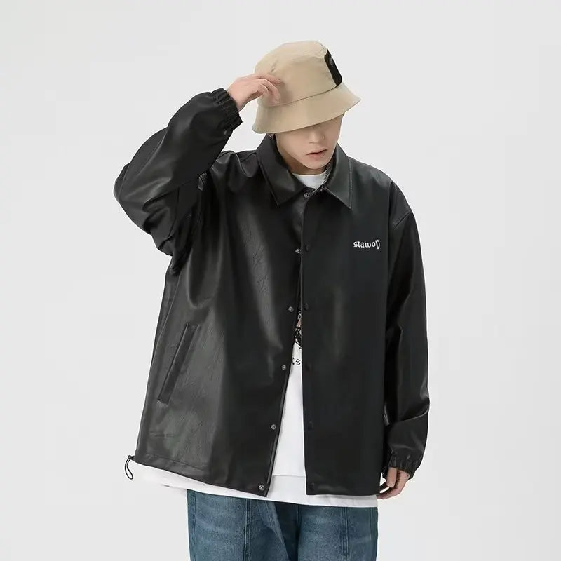 Mens Leather Bomber Jacket Women Hip Hop Letter Motorcycle Loose Casual PU Coat Unisex High Street Racing Varsity Black Outwear