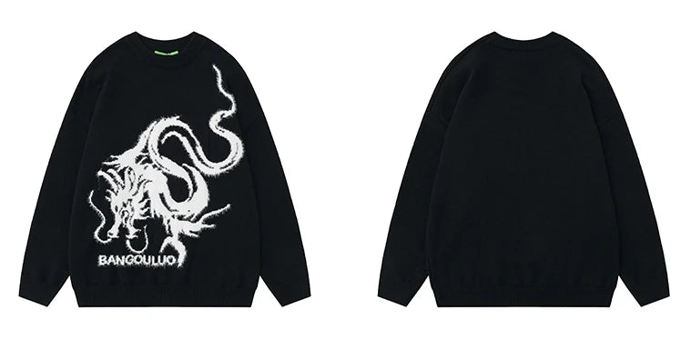 hip hop harajuku dragon pattern knitted sweater unisex o neck pullover streetwear y2k casual loose sweater warm jumper knitwear oversized graphic print design, high quality cotton pullover, aesthetic street look hoodie