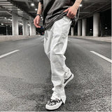 mens hole ripped white ankle zipper button jeans pants straight pockets solid color high street retro loose denim trousers unique jeans style 238