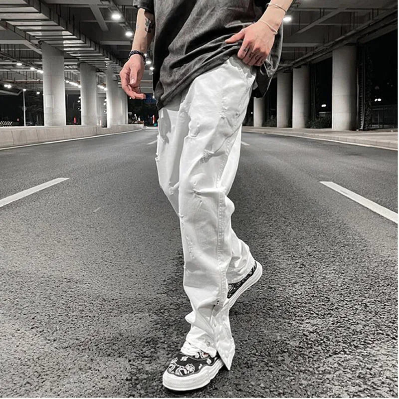 mens hole ripped white ankle zipper button jeans pants straight pockets solid color high street retro loose denim trousers unique jeans style 238