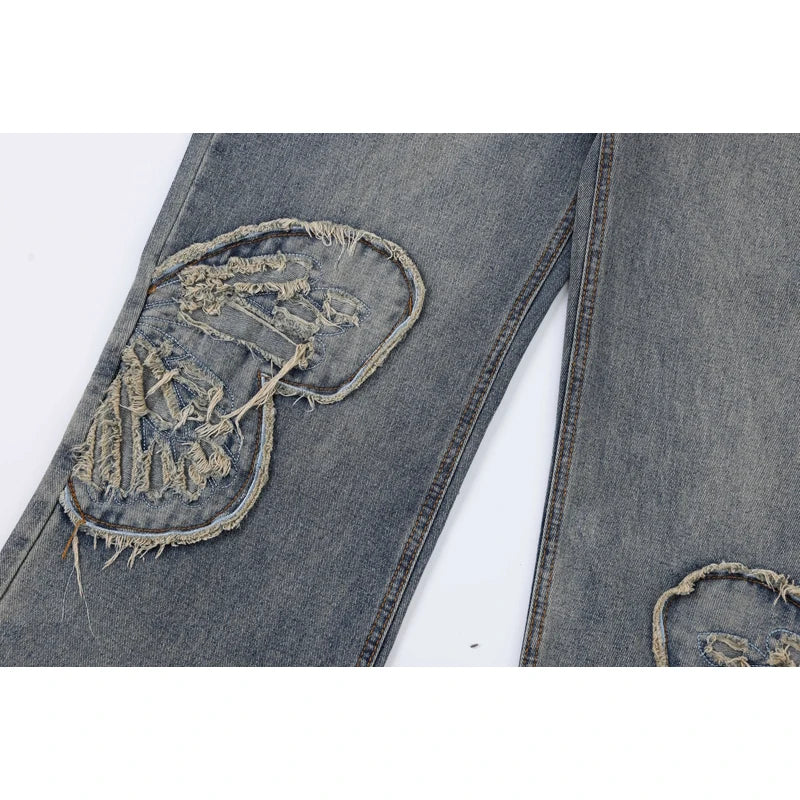 butterfly patches embroidered washed straight vintage baggy fitting jeans for men high street distressed jeans pants women stacked flare jeans