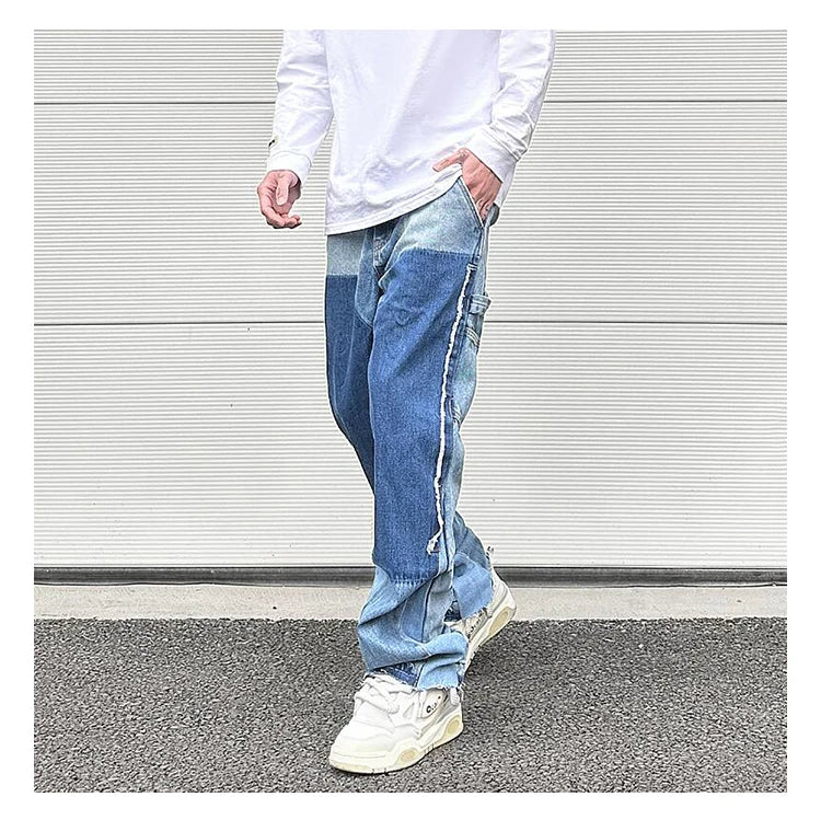 patchwork design denim flare jeans pants men casual zipper straight biker trousers jeans fashion streetwear hip hop jean joggers unique joggers style 2608