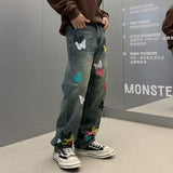 butterfly print jeans men streetwear fashion vibe loose casual hiphop straight washed denim pant jeans cityboy teen trousers urban skinny jeans