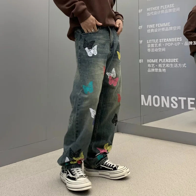 butterfly print jeans men streetwear fashion vibe loose casual hiphop straight washed denim pant jeans cityboy teen trousers urban skinny jeans