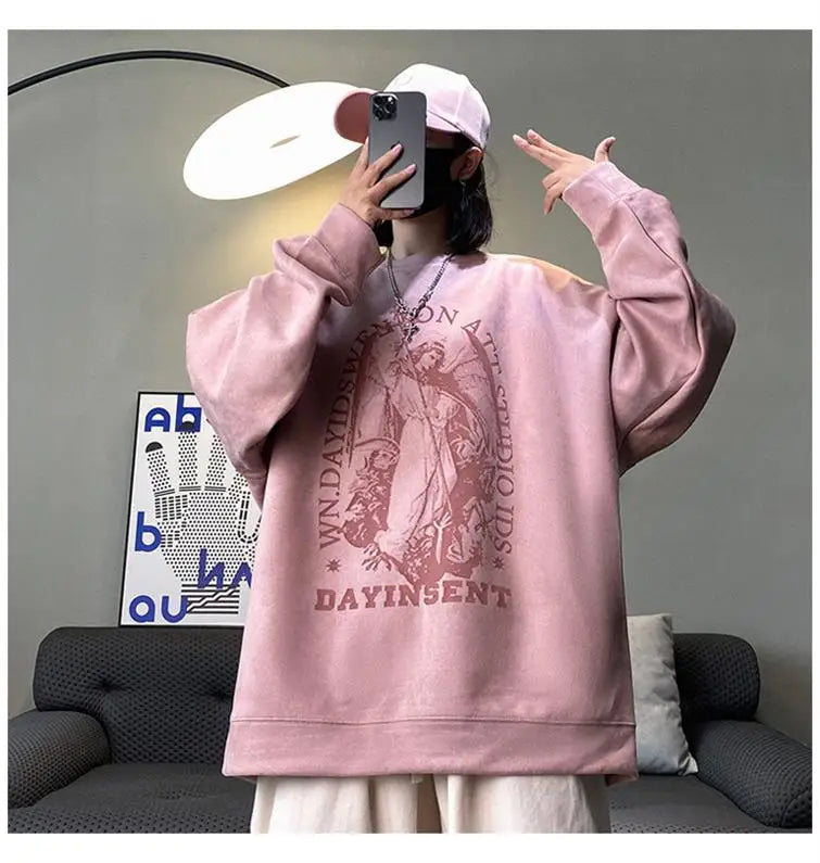 Autumn Korean Personality Street Boys Unisex Round Neck Sweatshirt Trendy American Couple Suede Long-sleeved Shirt Top