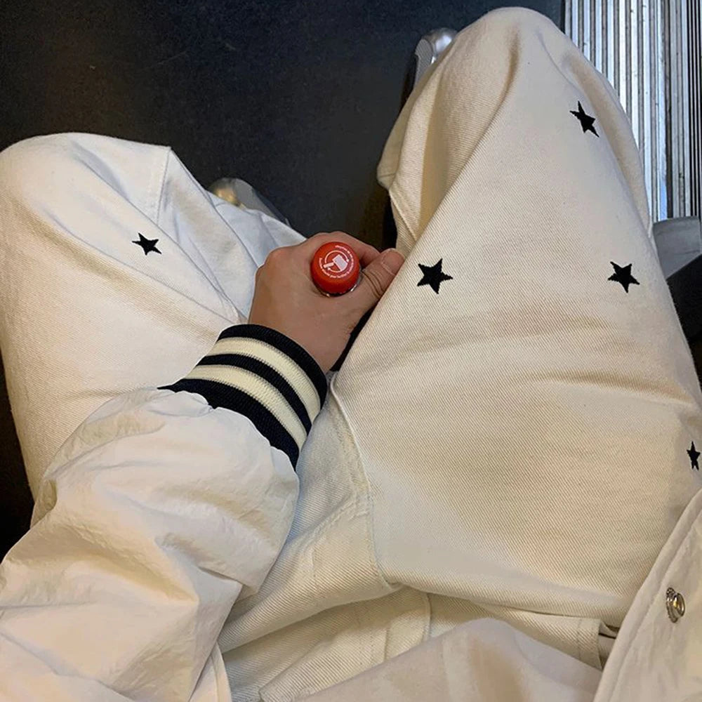 mens jeans stars embroidered cotton casual pants autumn streetwear fashion streetwear youth campus trousers mens clothing 2024 unique jeans style 105