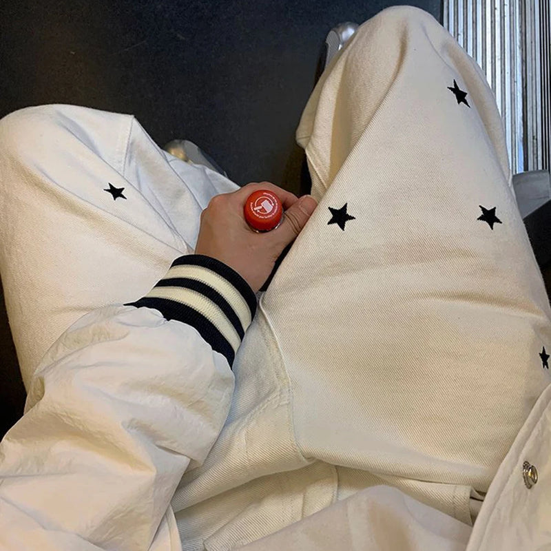 mens jeans stars embroidered cotton casual pants autumn streetwear fashion streetwear youth campus trousers mens clothing 2024 unique jeans style 105
