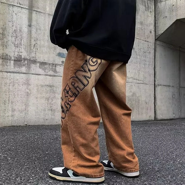 2023 new fashion letter graffiti brown hip hop men baggy jeans pants y2k clothes straight vintage denim trousers pantalon homme denim street jeans