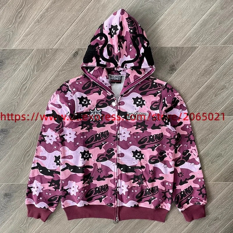 Towel Embroidered Cartoon Camouflage Glo Gang The Glory Full Zip Hoodi