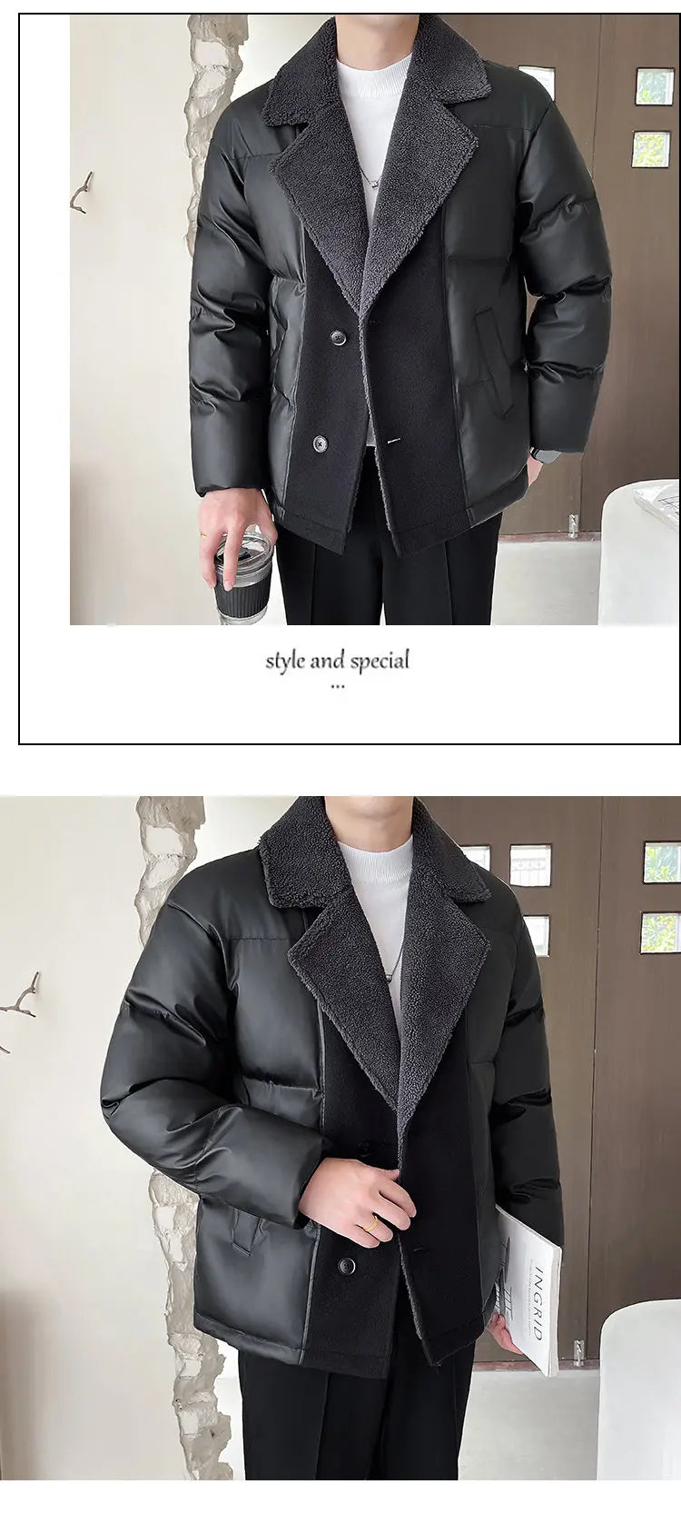 Men Winter Faux Fur Collar Splice Leather Business Casual Cotton-padded Jacket Streetwear Fashion Loose Leather Parka Coat