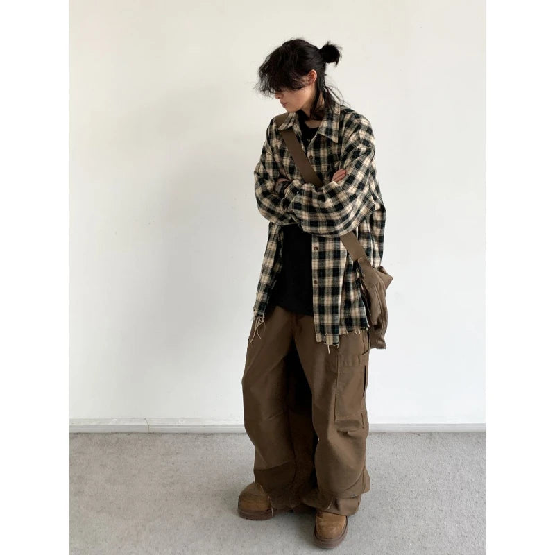 japanese college mens sets rough edge embroidery plaid shirt jackets big pocket retro cargo pants 2 pcs 2024 new casual suits baggy cargo bottoms