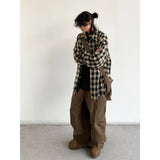 japanese college mens sets rough edge embroidery plaid shirt jackets big pocket retro cargo pants 2 pcs 2024 new casual suits baggy cargo bottoms