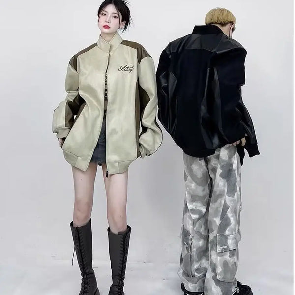 Original American Retro Fashion Brand Suede Pu Leather Jacket Stitchin