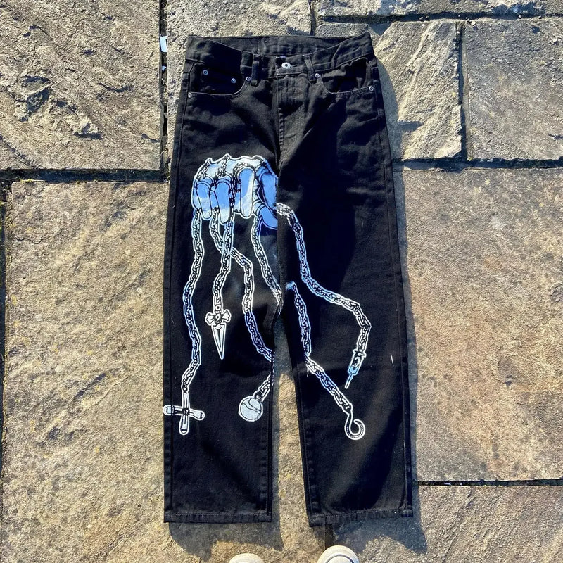 harajuku popular anime kokushibo print baggy jeans new style wide leg trouser y2k streetwear for men women high waist pants unique jeans style 4323