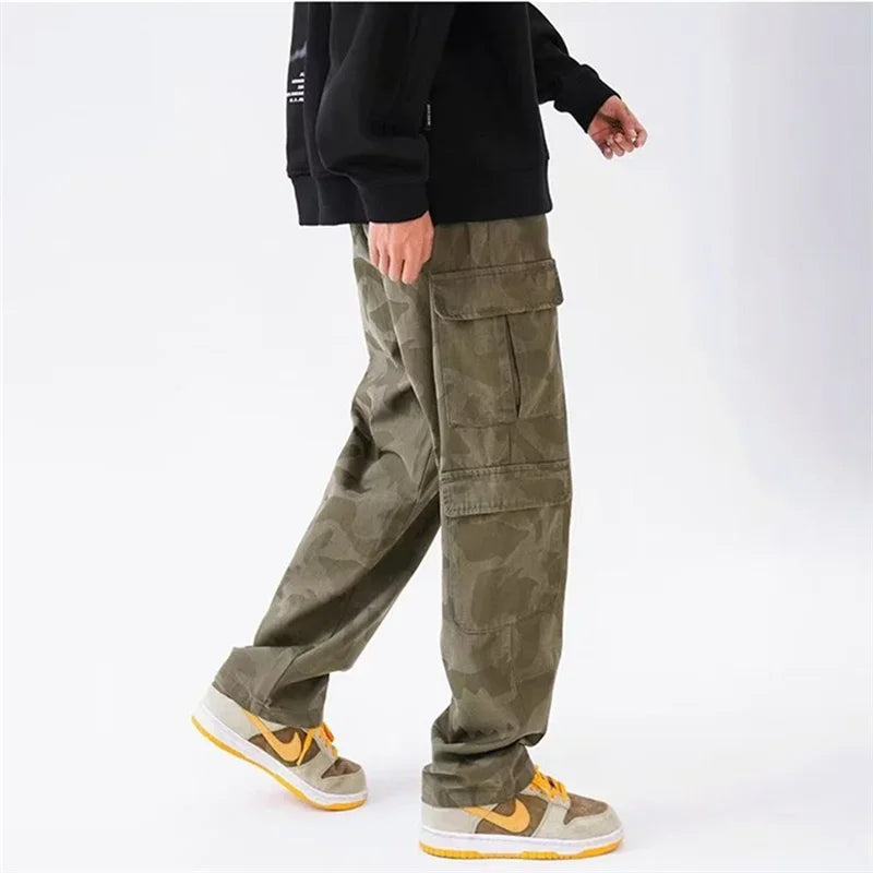 army green hip hop cargo pants for men camouflage loose american street overalls multi pocket drawstring straight trousers multi-pocket cargos