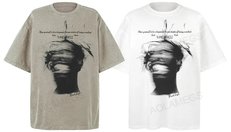 Sadcore Graphic tee – Men Retro High Street T Shirt Abstract Character Printed Sho