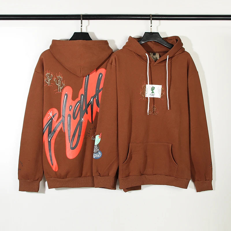 Cactus Jack Letter Brown Fleece Hooded Sweatshirts For Men High Street