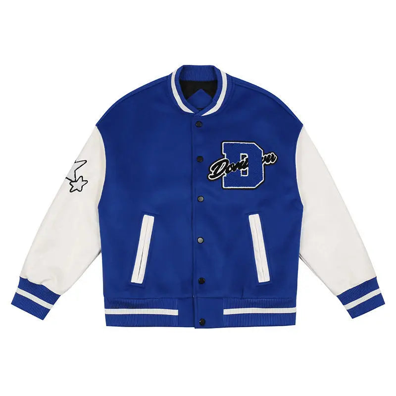 panel varsity outerwear, 2025 trend, for men, fall streetwear outfit, oversized style, layered fashion, modern aesthetic, graphic detail