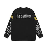 hip hop knitted sweater men letter fire pattern o neck pullover streetwear casual loose sweater unisex harajuku jumpers knitwear unique limited edition hoodie, trendy hip hop style outerwear, streetwear fashion hoodie