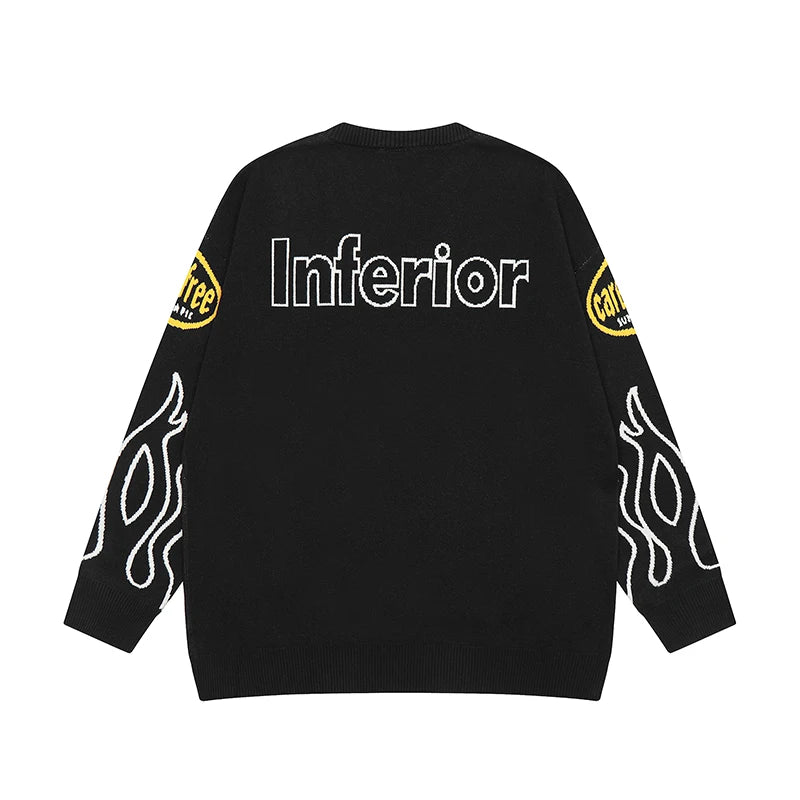 hip hop knitted sweater men letter fire pattern o neck pullover streetwear casual loose sweater unisex harajuku jumpers knitwear unique limited edition hoodie, trendy hip hop style outerwear, streetwear fashion hoodie