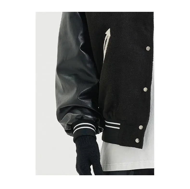 Korean Retro Street PU Leather Patchwork Baseball Jacket Men Autumn Trendy