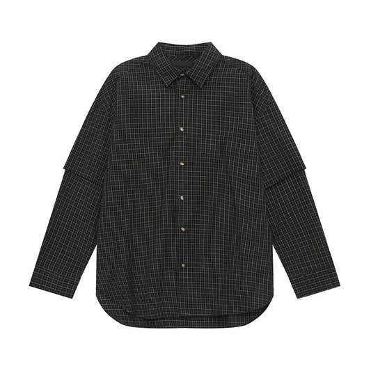 Mens 2024 Autumn Checkered Fake Two Piece Collar Shirt Casual Chic Loo