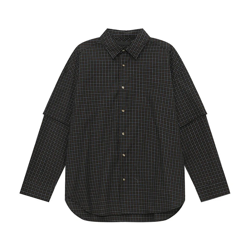 Mens 2024 Autumn Checkered Fake Two Piece Collar Shirt Casual Chic Loo