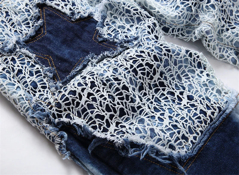 fashion stars patchwork mesh denim jeans new casual slim fit biker trousers skinny jeans men streetwear hip hop pants joggers unique joggers style 330