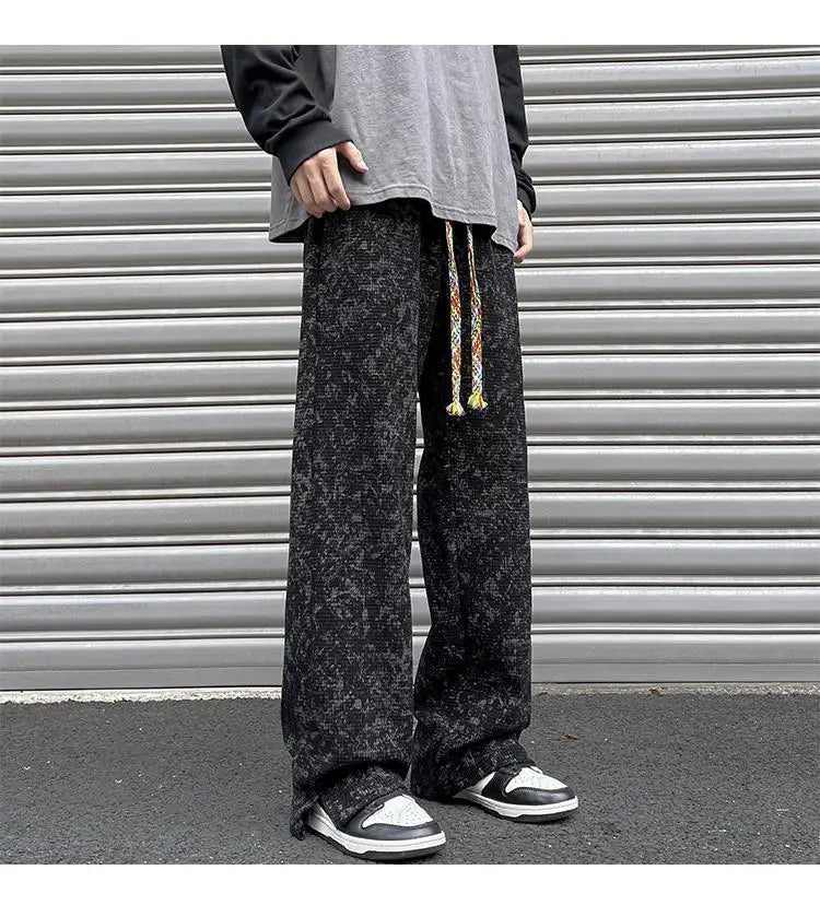 korean style waffle tie dye casual pants high street vibe pants men trendy brand colorful drawstring side slit straight trousers unique default style 2110