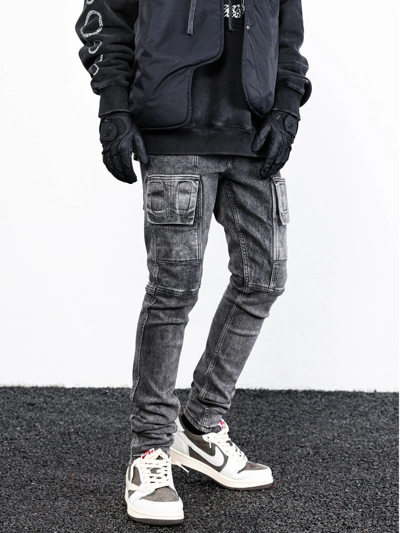 side pocket denim retro jeans mens biker zipper jean trousers hip hop fashion high street slim fit pants joggers y2k men s jeans unique joggers style 2939