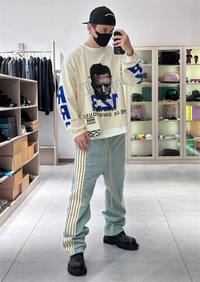 SS24 Vintage gymGnostic 123 Portrait Letter Print High-Street Casual White Loose Cotton Long Sleeve T Shirt Pullover Sweatshirt