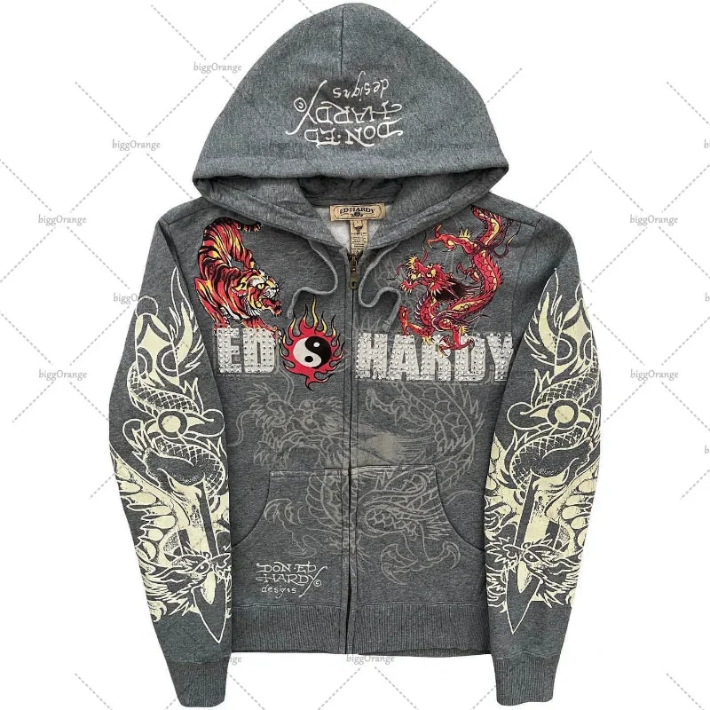 American Fashion Trend Pattern Print Zipper Hoodie Women Y2K New Stree