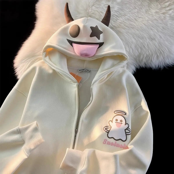 Japanese Devils Corner Hoodie Womens Couple Loose Gothic Winter Clothing Plush Hoodie Womens Zipper Hoodie  sweatshirt