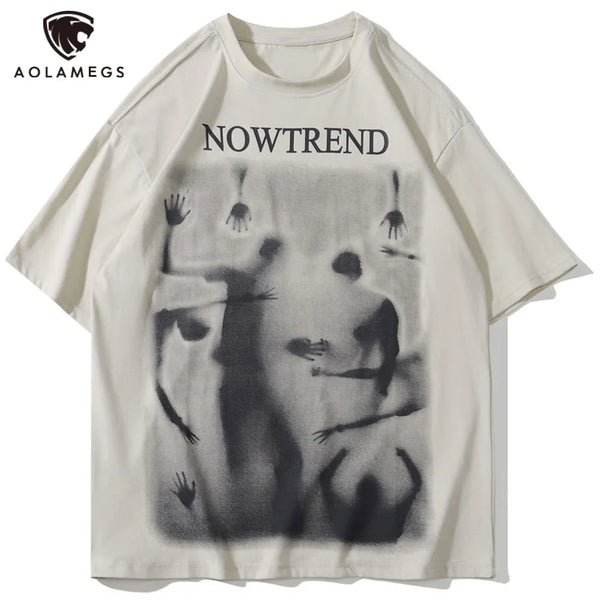 Glitchcore Fashion – Aolamegs Men Gothic Demon Ghost Print Oversized T Shirt Punk – Modern Streetwear for Everyone