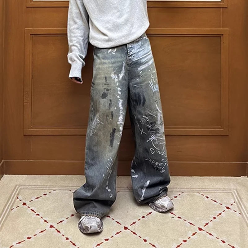 graffiti handdrawn damaged wash baggy jeans for men and women straight streetwear y2k denim trousers pantalones hombre cargos 1 unique cargo style 98